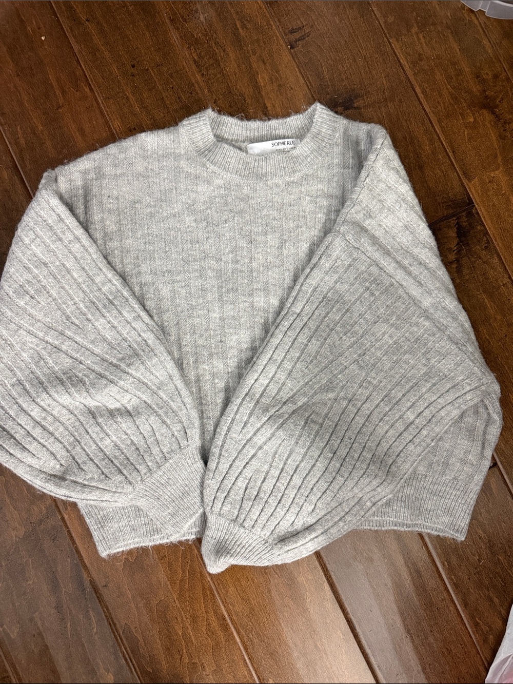 Sophie Rue Heather Gray Ribbed Balloon-Sleeve Crew Sweater